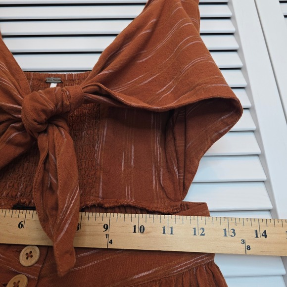 FREE PEOPLE Midi Dress Caldasi Bronze Striped Tie Front Sz XS Cottagecore Casual - Picture 12 of 14